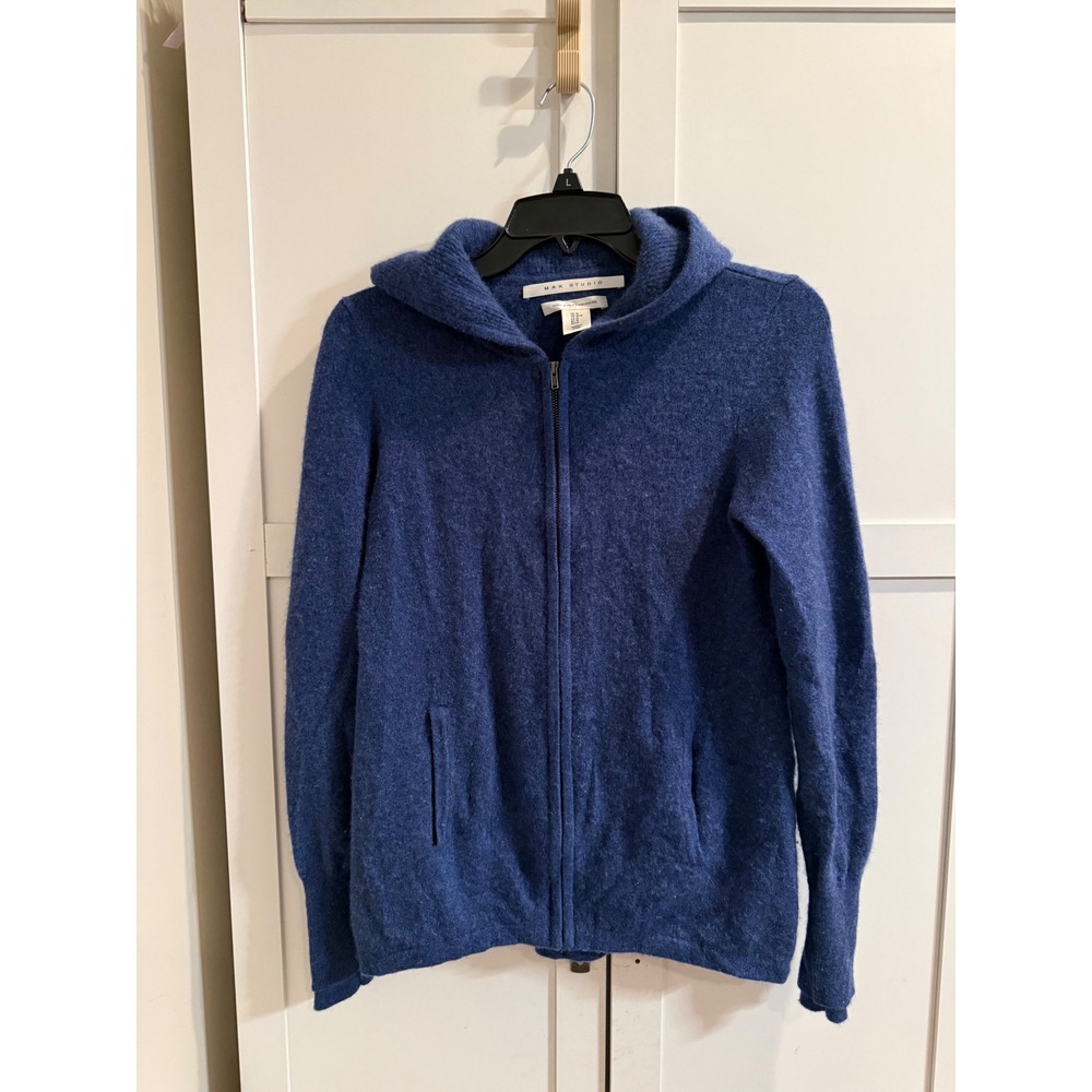 Max Studio Woman's Navy  Blue 100% 2-Ply Cashmere Full Zip Hooded Sweater Size M